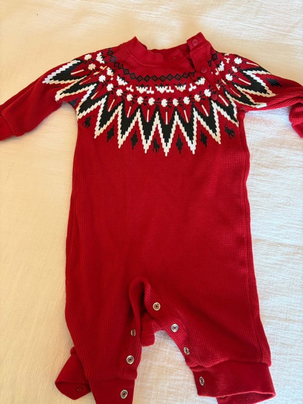 Ralph Lauren Red Knit One-Piece with Black and White Fair Isle Yoke